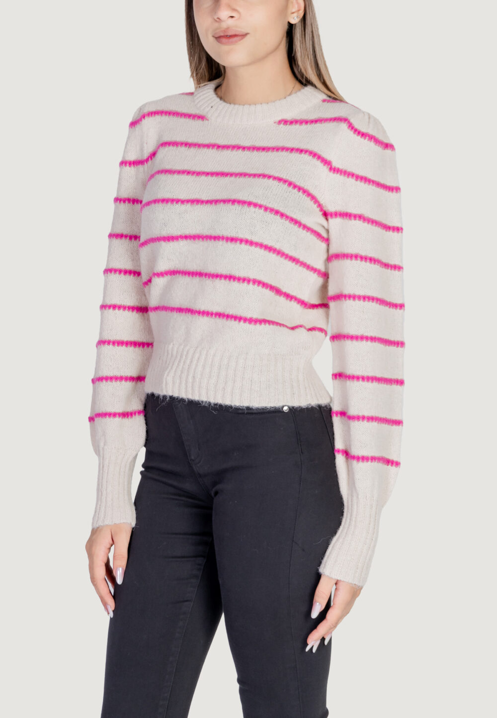 Maglione Jacqueline de Yong JDYSIGRID LIFE L/S ONECK PUFFDOT PUL KNT Rosa - Bianco - Foto 2