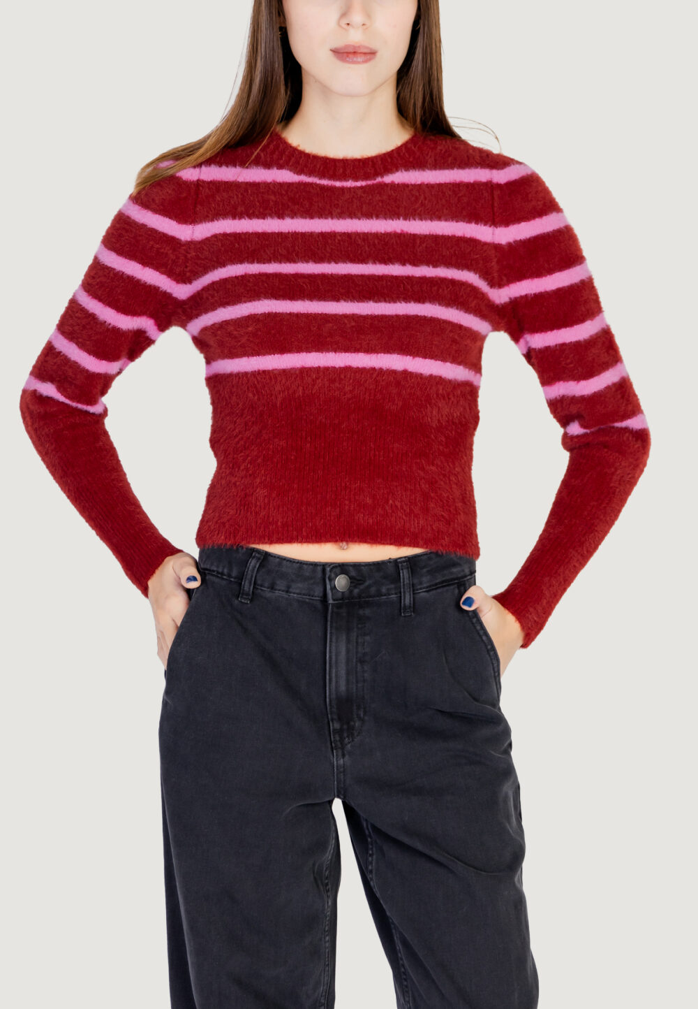 Maglione Only Onlpiumo Ls Puff Stripe O-Neck Cc Knt Rosso - Foto 5