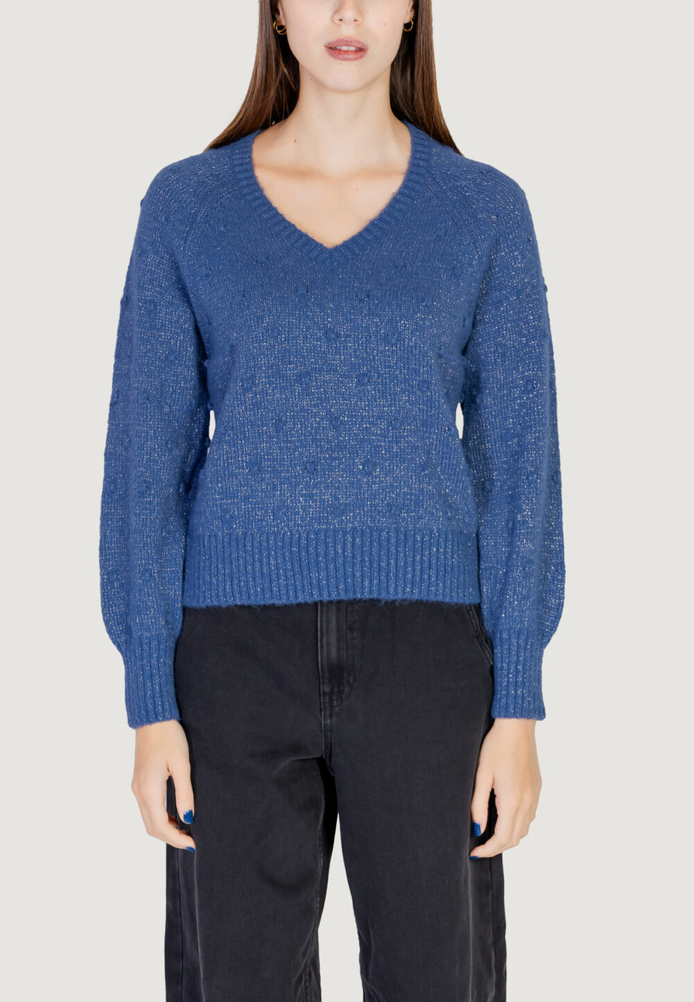 Maglione Vila Clothes VITULI L/S V-NECK GLITER KNIT TOP/PB Blue Denim - Foto 1