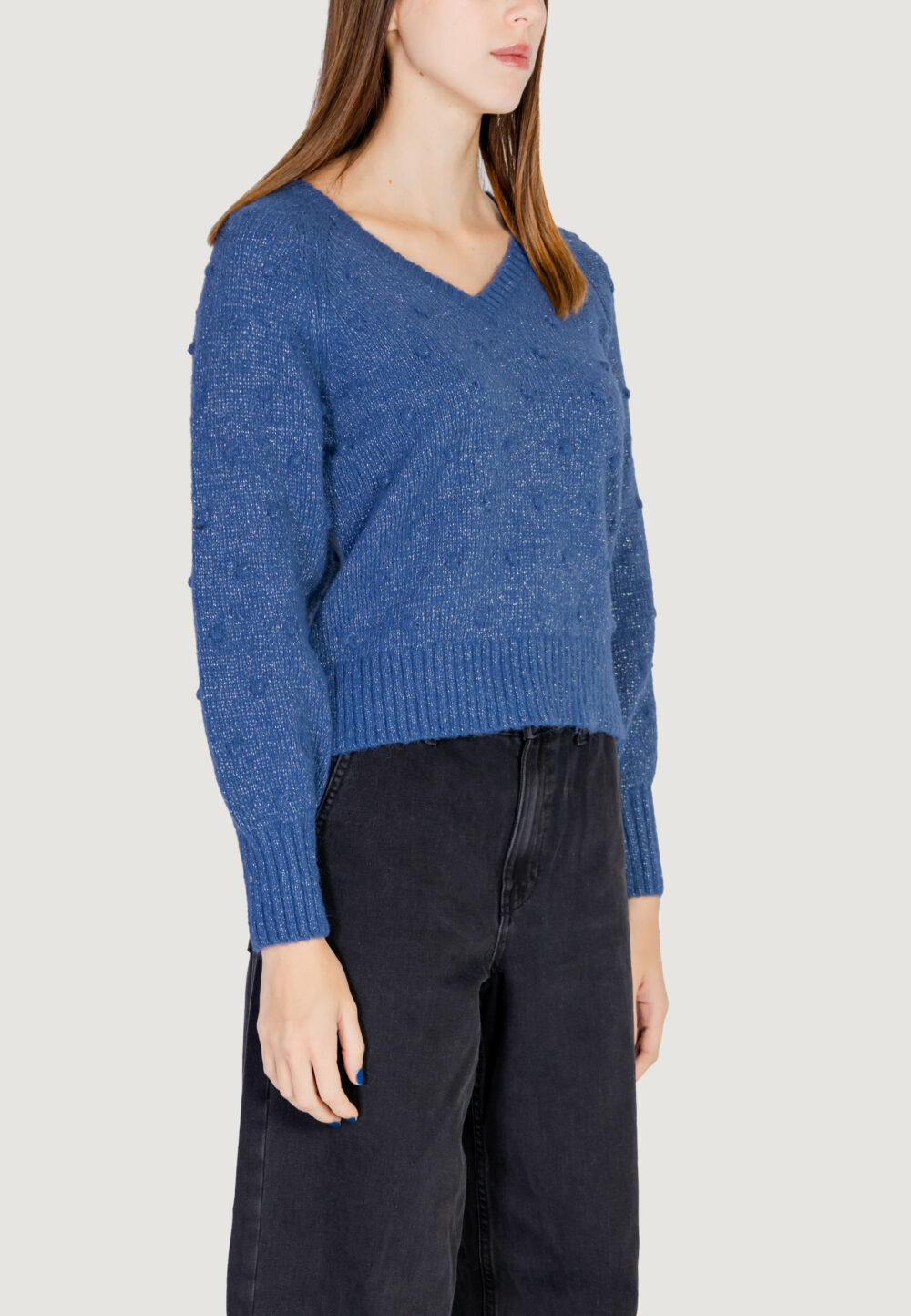 Maglione Vila Clothes VITULI L/S V-NECK GLITER KNIT TOP/PB Blue Denim - Foto 3