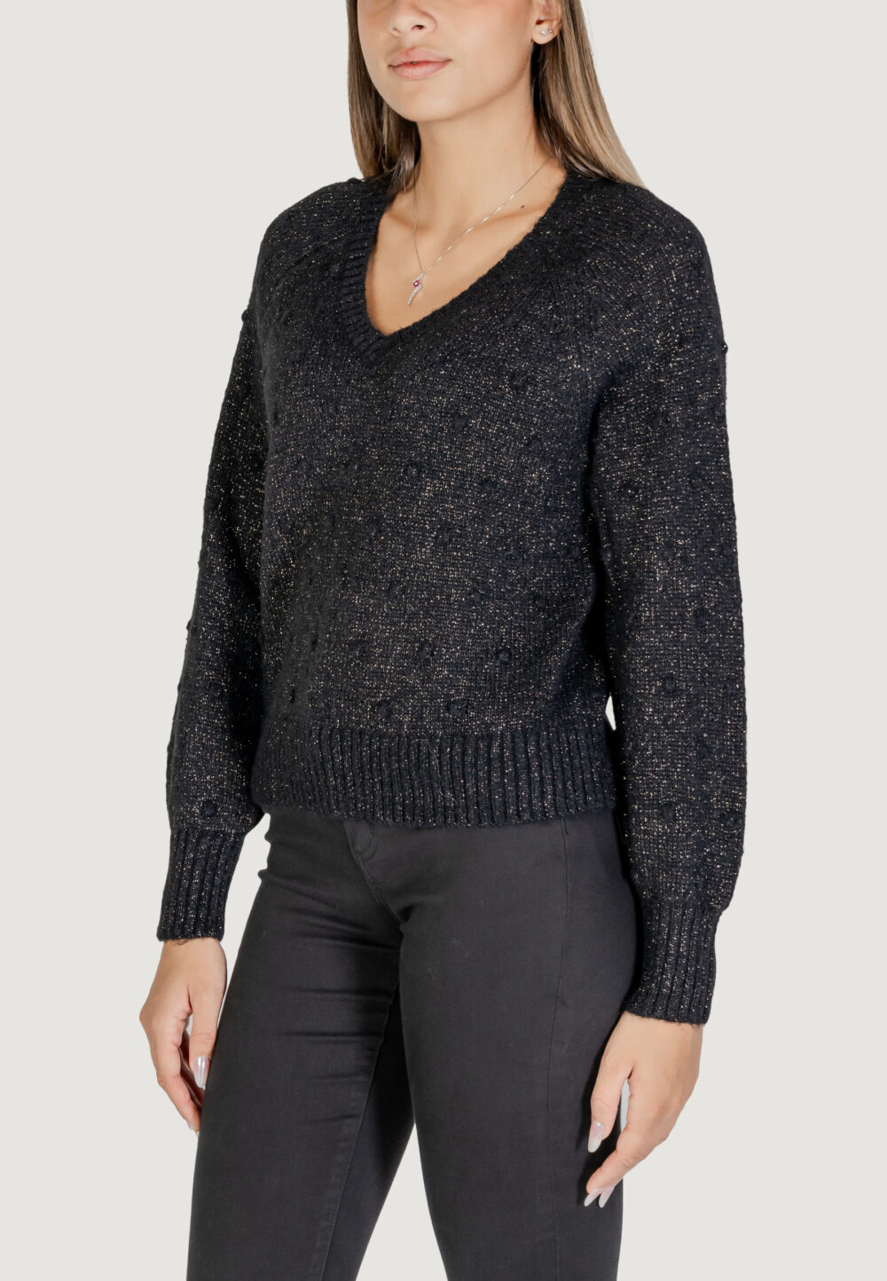 Maglione Vila Clothes VITULI L/S V-NECK GLITER KNIT TOP/PB Nero - Foto 2