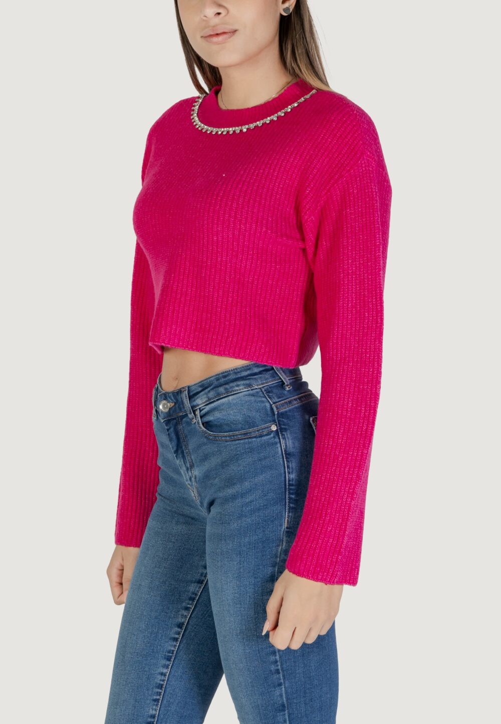 Maglione Only Onlgaida Life Ls Crop Emb O-Neck Cc Knt Fuxia - Foto 2