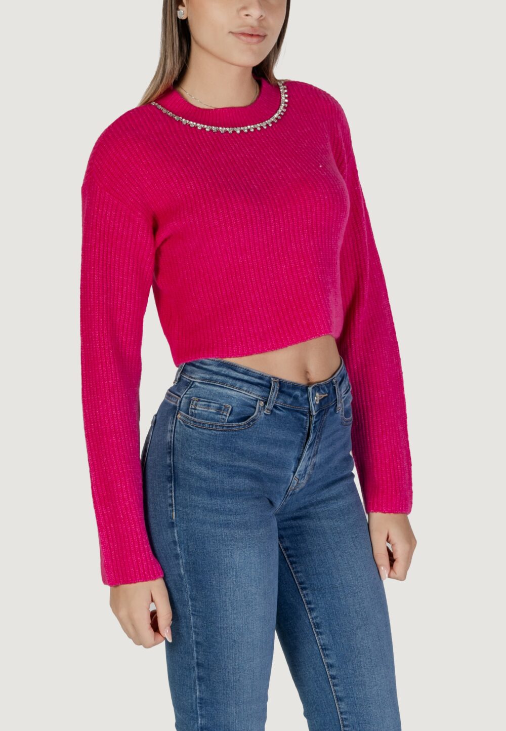 Maglione Only Onlgaida Life Ls Crop Emb O-Neck Cc Knt Fuxia - Foto 3