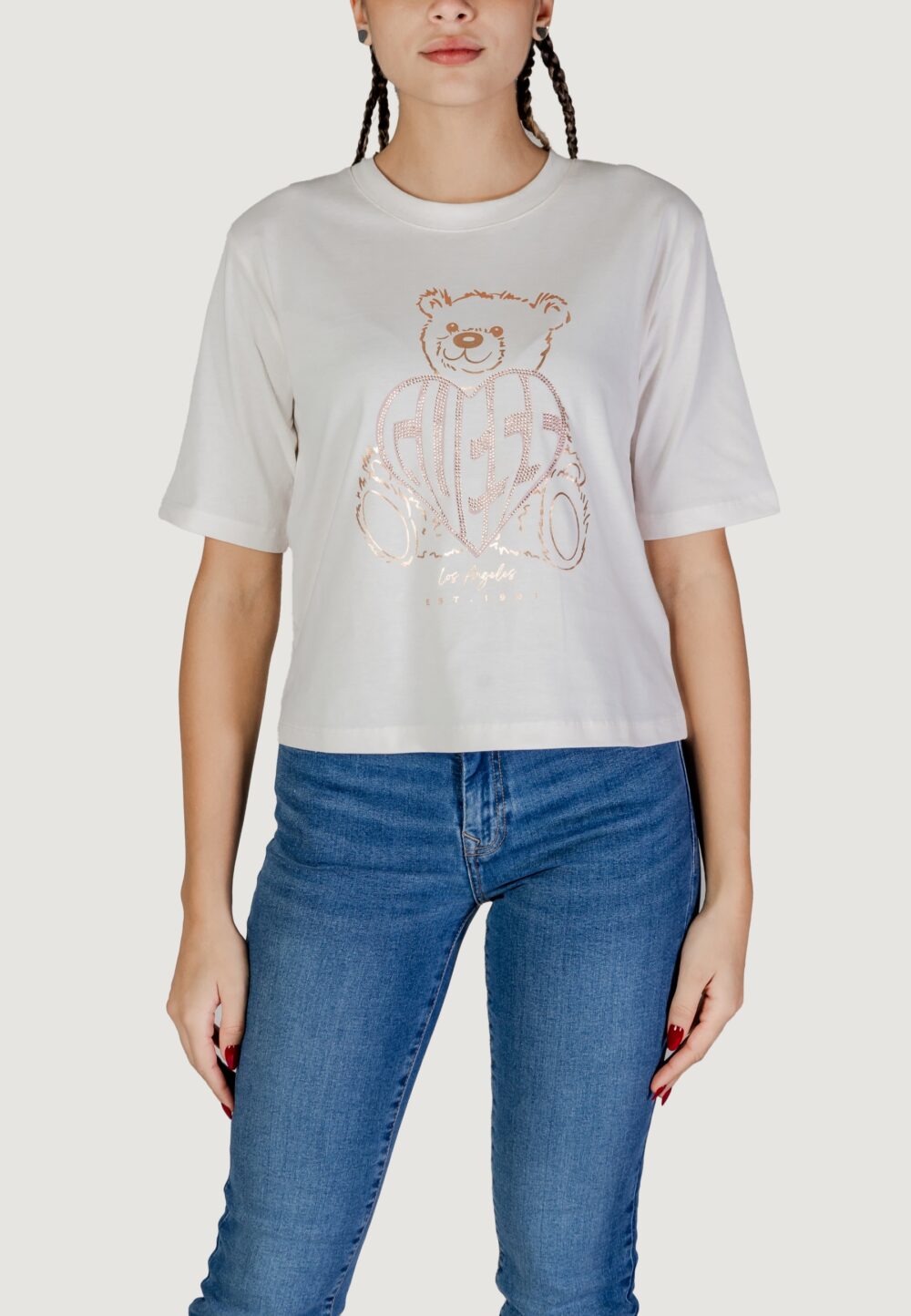 T-shirt Guess Active RHINESTONE BEAR BOXY ROSA - BEIGE - Foto 1