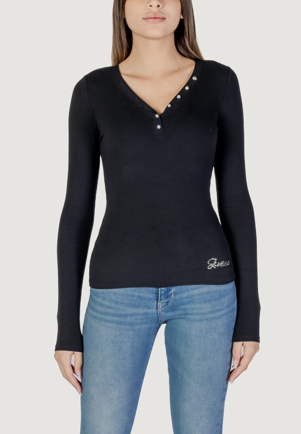 T-shirt manica lunga Guess LS KYLA RIB HENLEY Nero - Foto 1