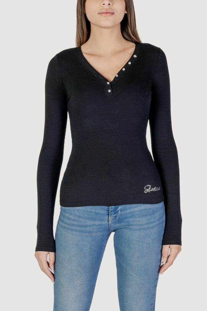 T-shirt manica lunga Guess LS KYLA RIB HENLEY Nero