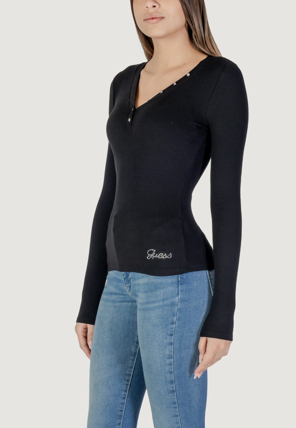 T-shirt manica lunga Guess LS KYLA RIB HENLEY Nero - Foto 2