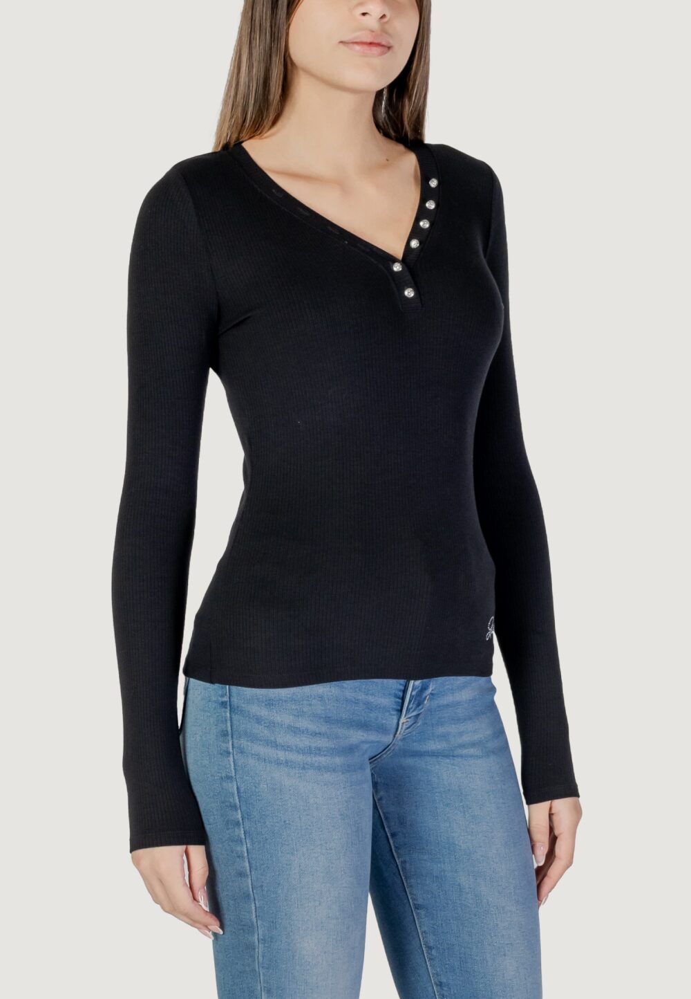 T-shirt manica lunga Guess LS KYLA RIB HENLEY Nero - Foto 3