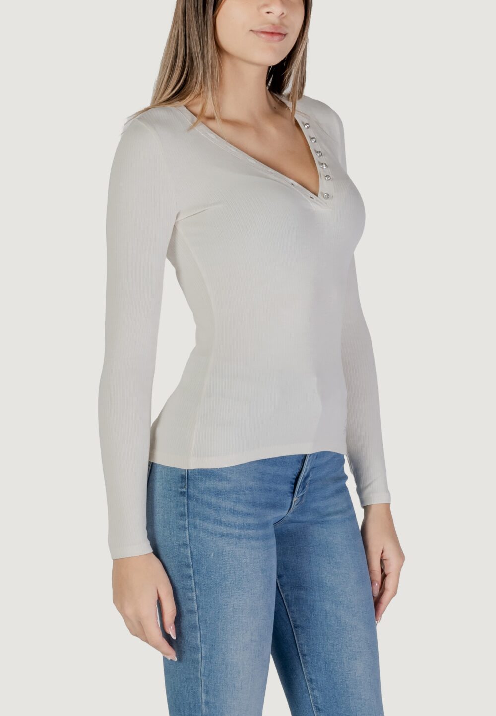 T-shirt manica lunga Guess LS KYLA RIB HENLEY Panna - Foto 2