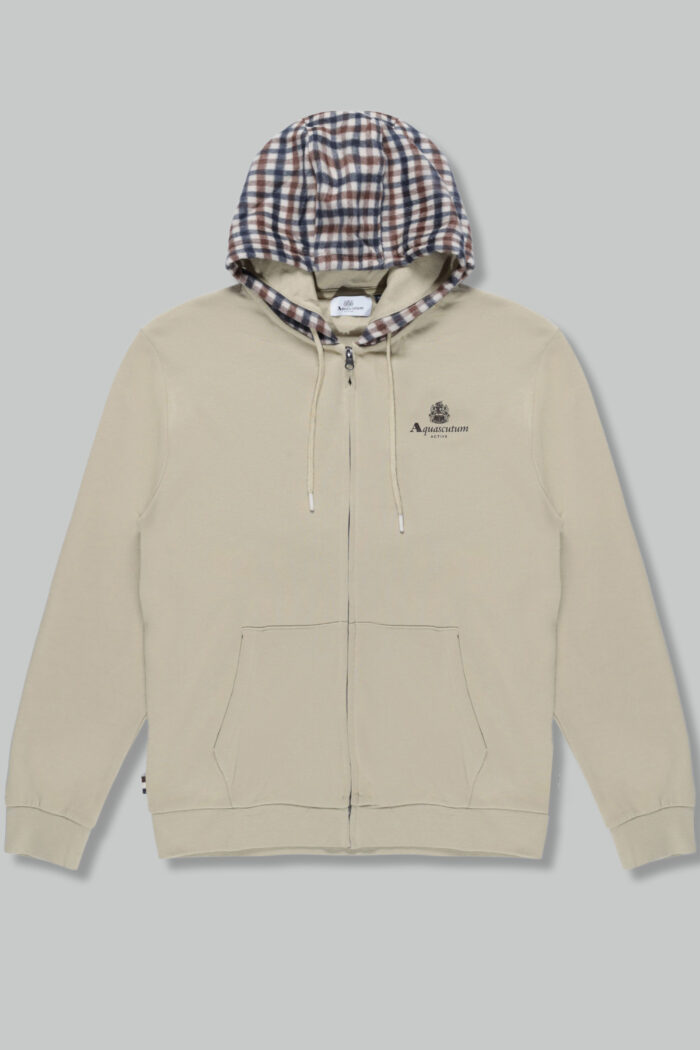 Felpa con cappuccio Aquascutum ACTIVE CLUB CHECK FZ MERINO HOODIE Beige