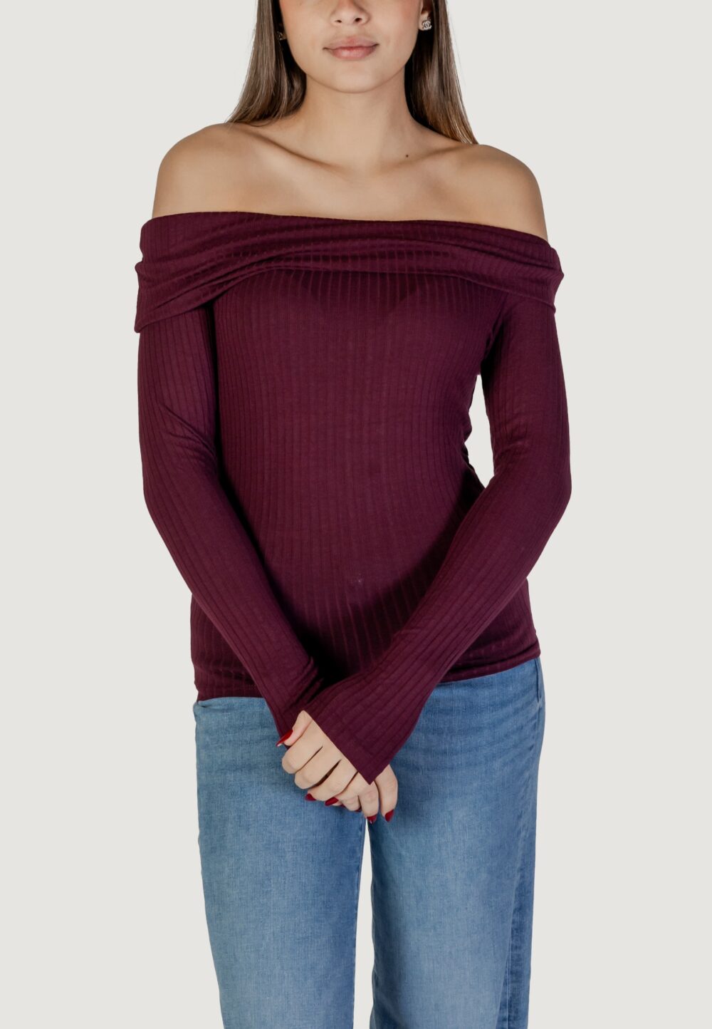 Maglia Jacqueline de Yong JDYFRANSISKA L/S OFFSHOULDER TOP JRS EXP Bordeaux - Foto 1