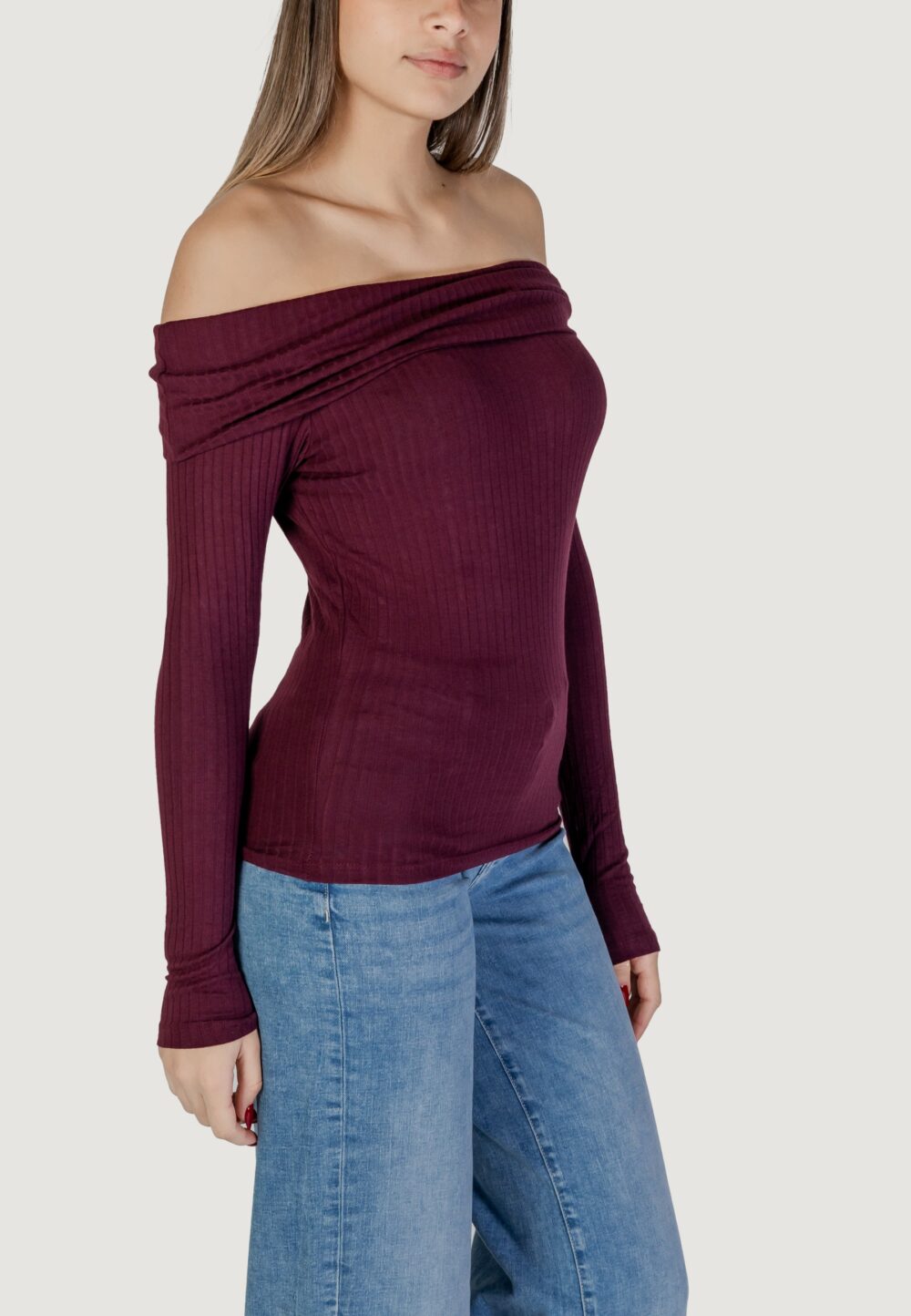 Maglia Jacqueline de Yong JDYFRANSISKA L/S OFFSHOULDER TOP JRS EXP Bordeaux - Foto 4