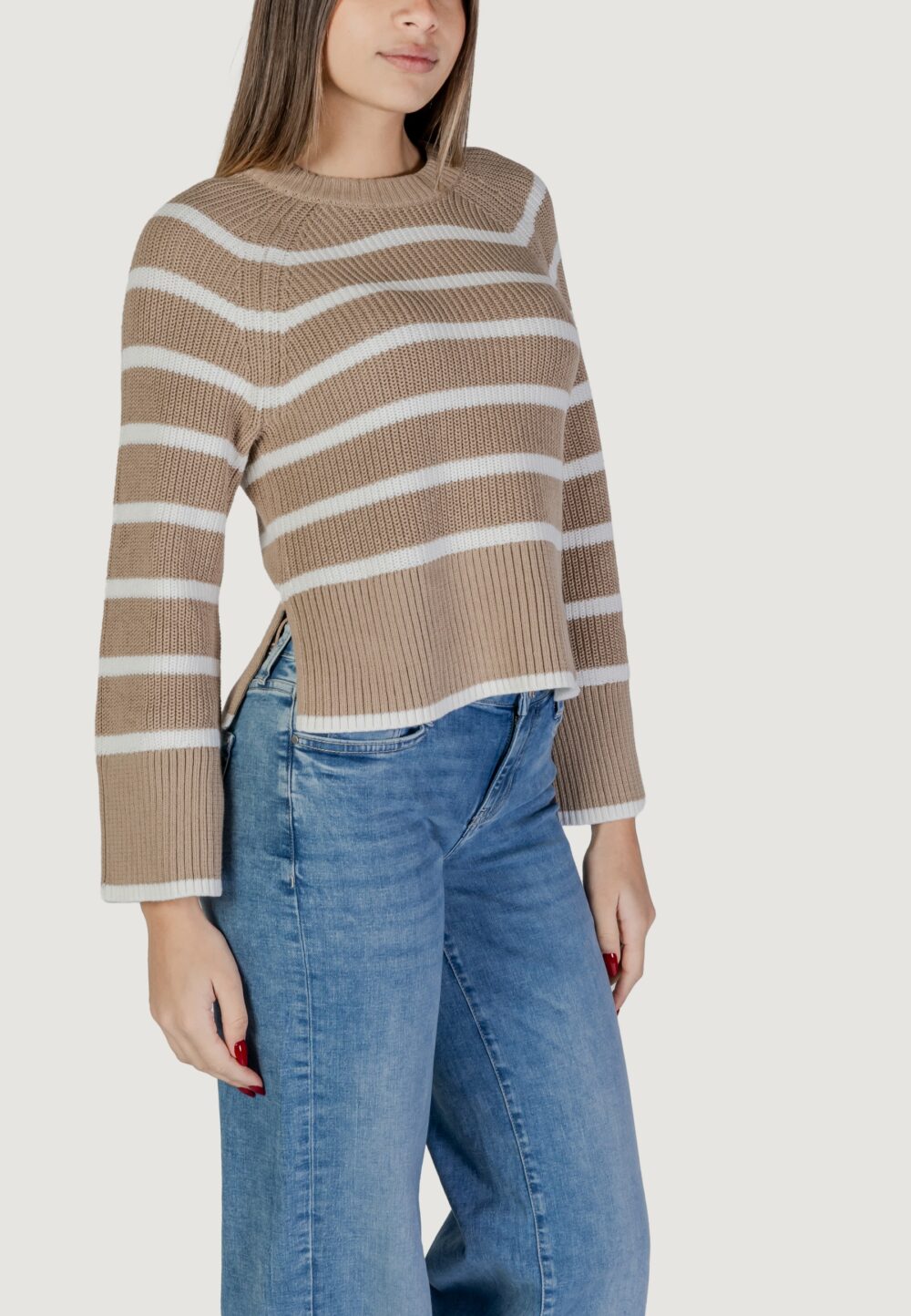 Maglia Vila Clothes VICASIA L/S STRIPED SHORT KNIT TOP/PB Beige - Foto 3