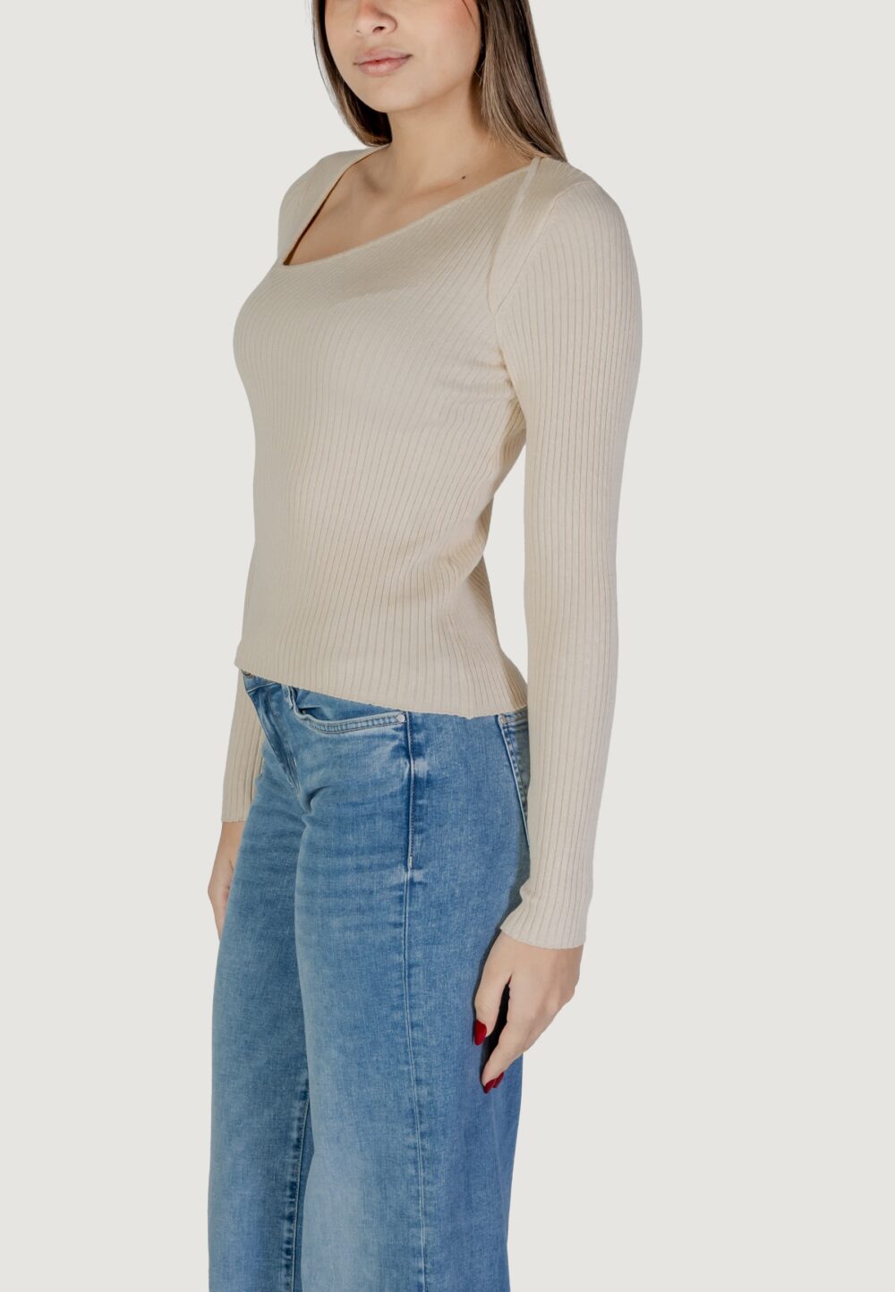 Maglia Vila Clothes VINELLY L/S NECK DETAIL KNIT TOP/PB Crema - Foto 2