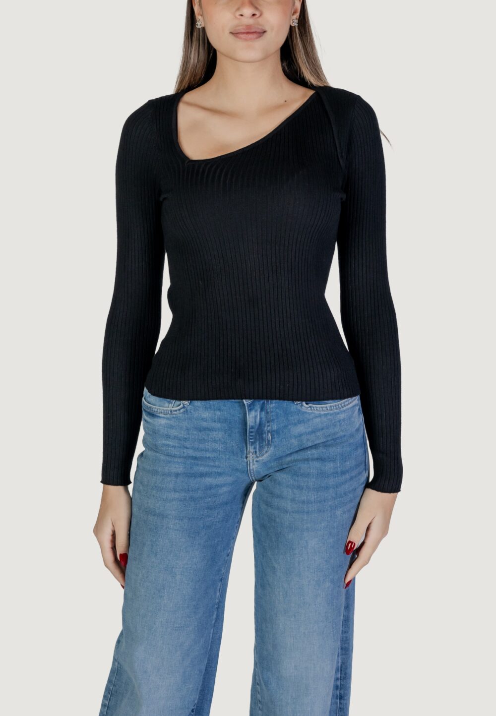 Maglia Vila Clothes VINELLY L/S NECK DETAIL KNIT TOP/PB Nero - Foto 1