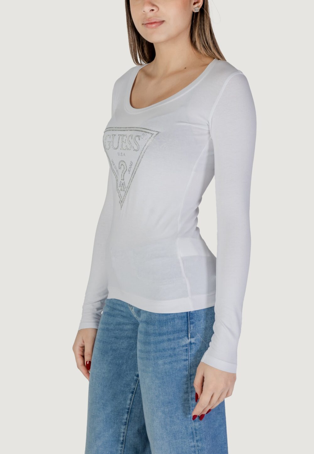 T-shirt Guess LS CN SHINY TRIANGLE Bianco - Foto 3