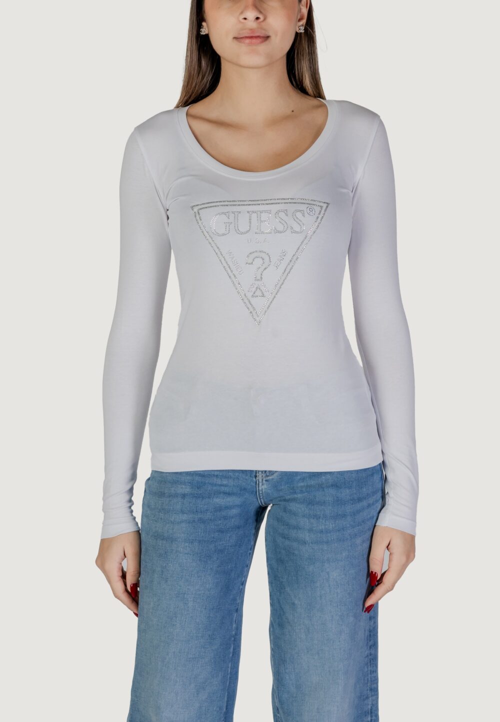 T-shirt Guess LS CN SHINY TRIANGLE Bianco - Foto 5