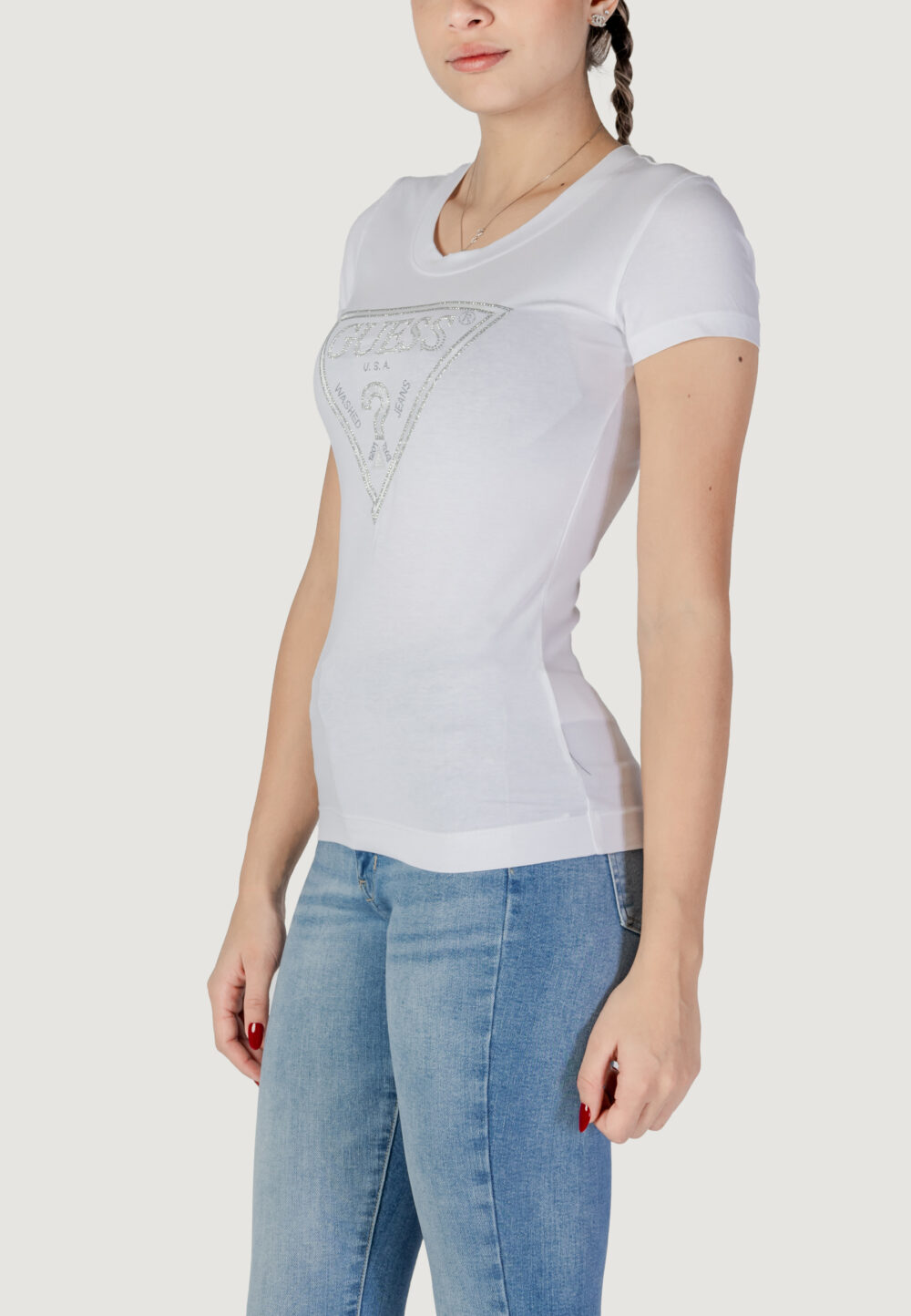 T-shirt Guess SS CN SHINY TRIANGLE Bianco - Foto 2