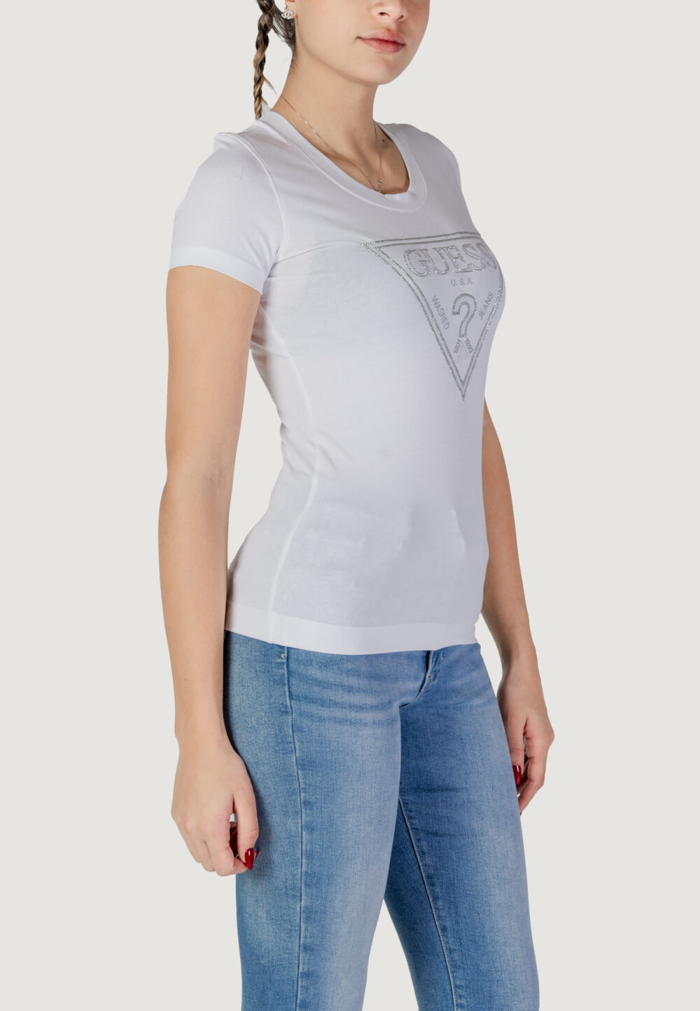 T-shirt Guess SS CN SHINY TRIANGLE Bianco - Foto 3