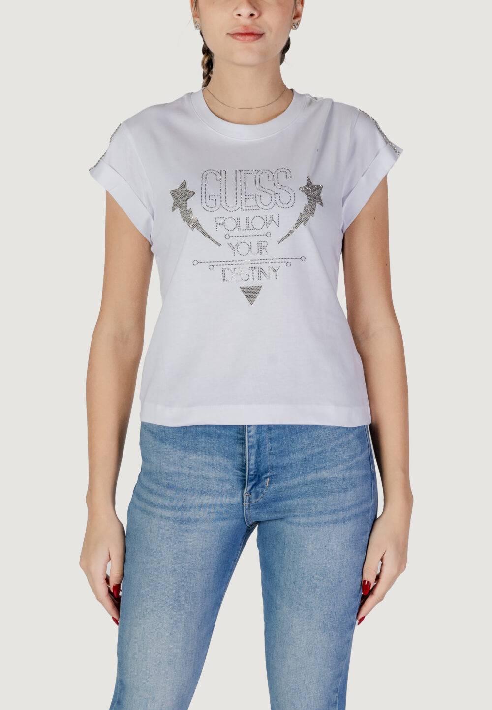 T-shirt Guess SS CN SLEEVES STRASS Bianco - Foto 1