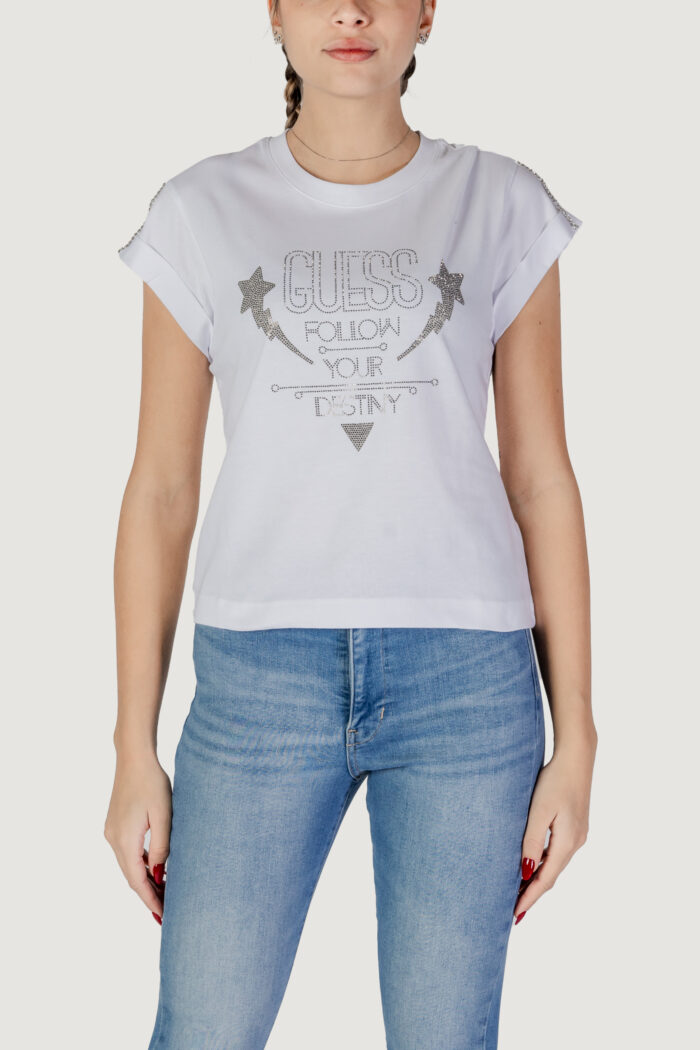 T-shirt Guess SS CN SLEEVES STRASS Bianco