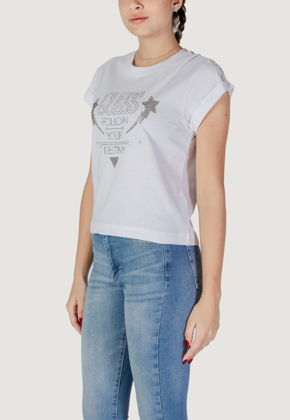 T-shirt Guess SS CN SLEEVES STRASS Bianco - Foto 2