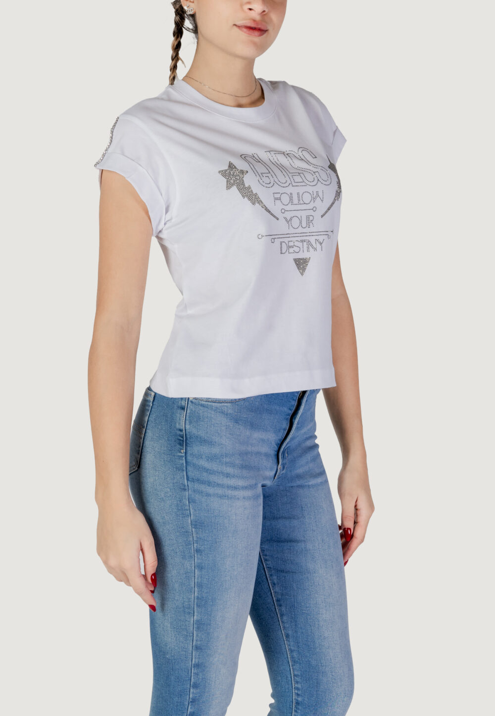 T-shirt Guess SS CN SLEEVES STRASS Bianco - Foto 3