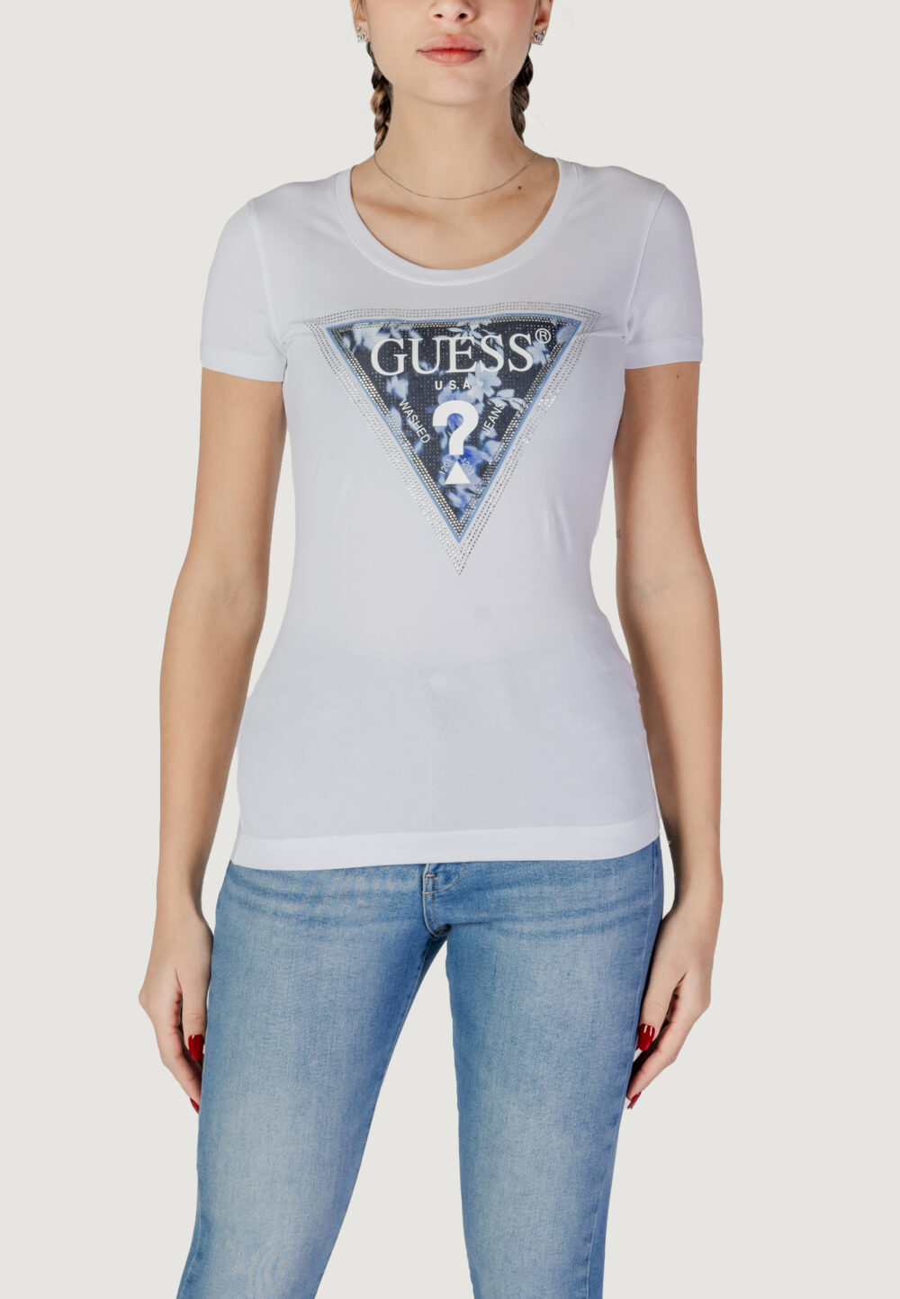 T-shirt Guess SS CN TRIANGLE FLOWER Bianco - Foto 1