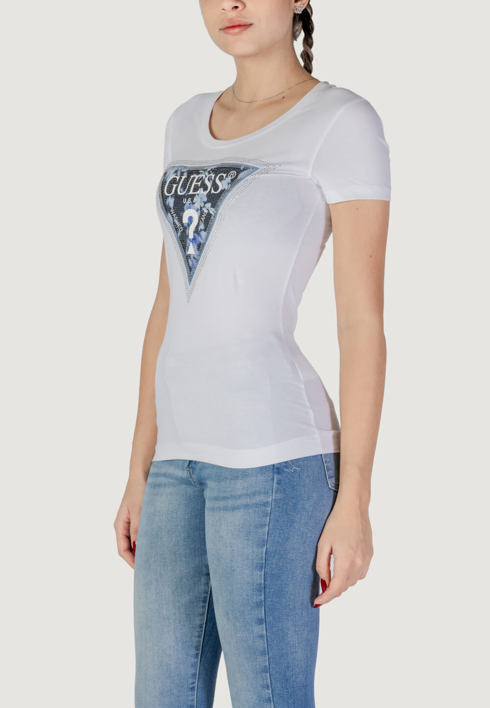 T-shirt Guess SS CN TRIANGLE FLOWER Bianco - Foto 2