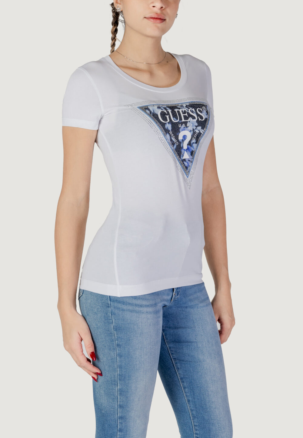 T-shirt Guess SS CN TRIANGLE FLOWER Bianco - Foto 3