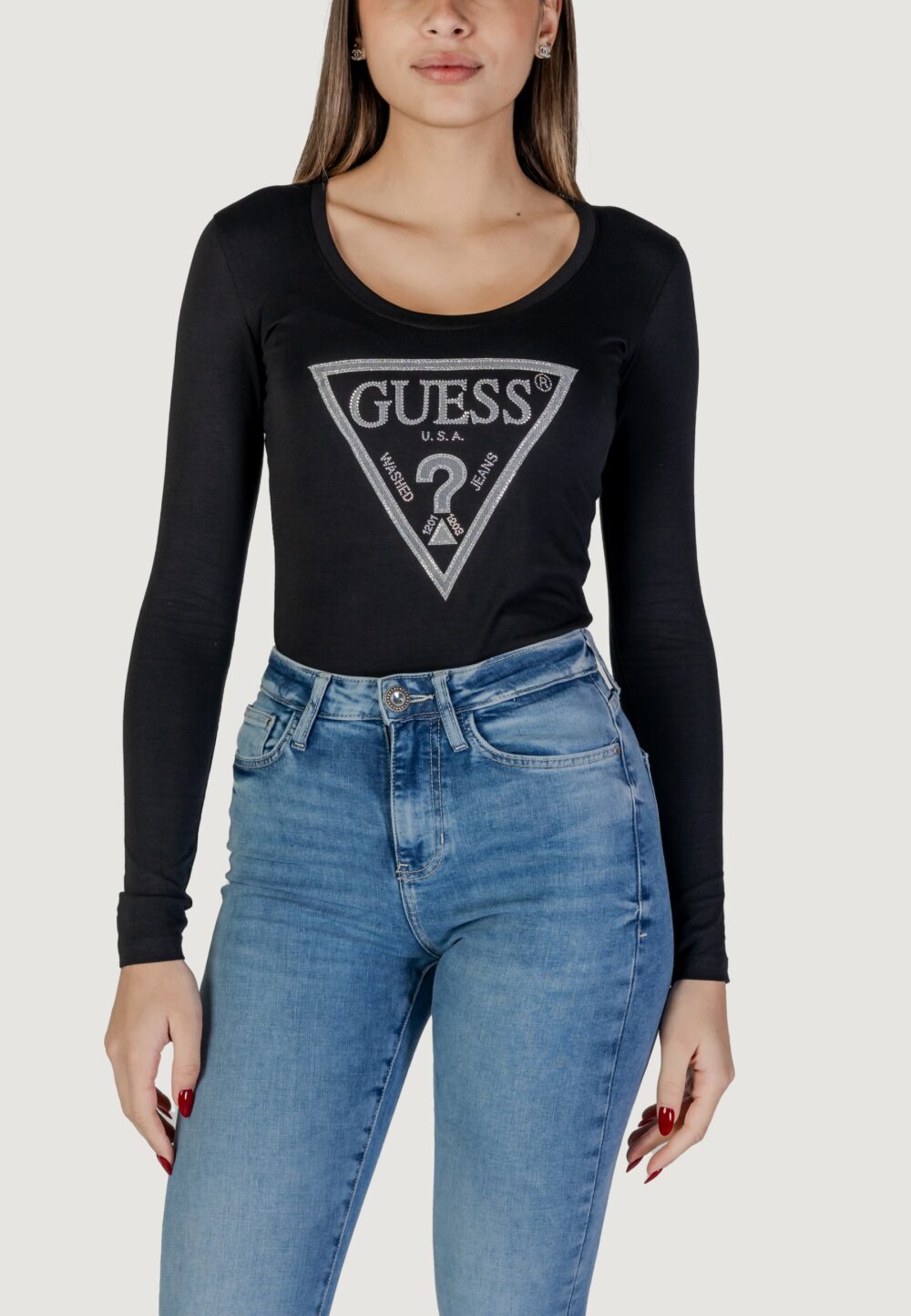 T-shirt Guess LS CN SHINY TRIANGLE Nero - Foto 1