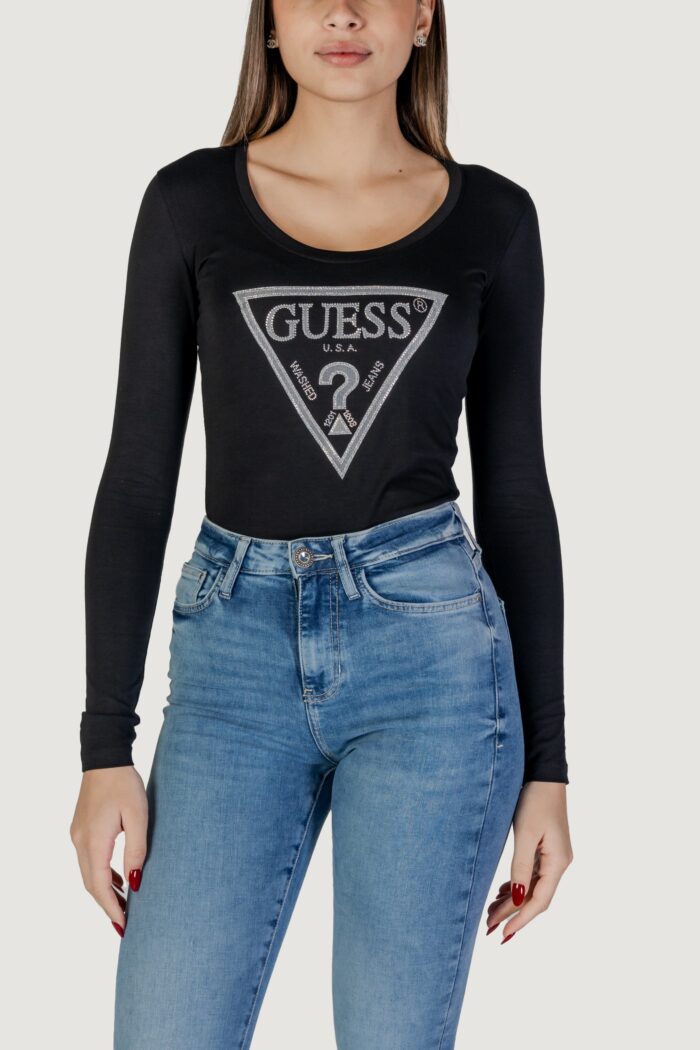 T-shirt Guess LS CN SHINY TRIANGLE Nero