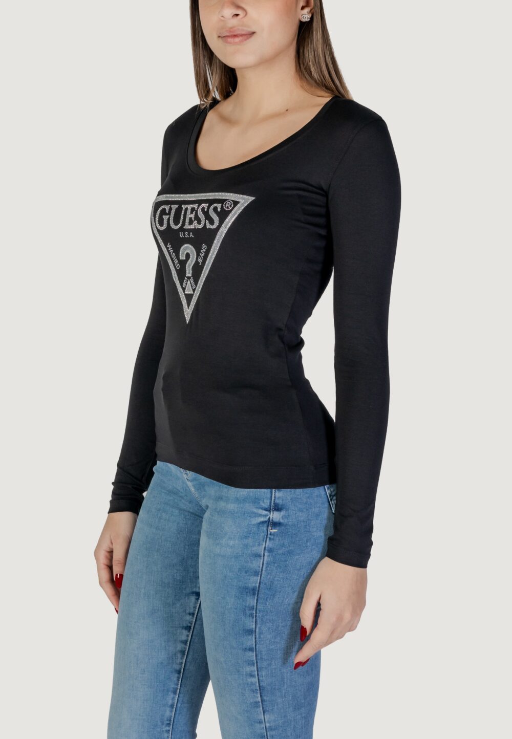 T-shirt Guess LS CN SHINY TRIANGLE Nero - Foto 2