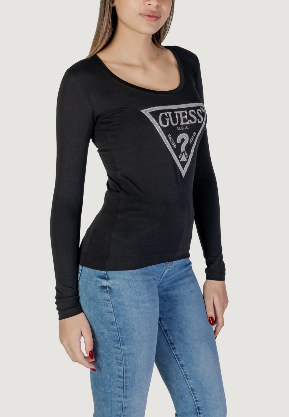 T-shirt Guess LS CN SHINY TRIANGLE Nero - Foto 3