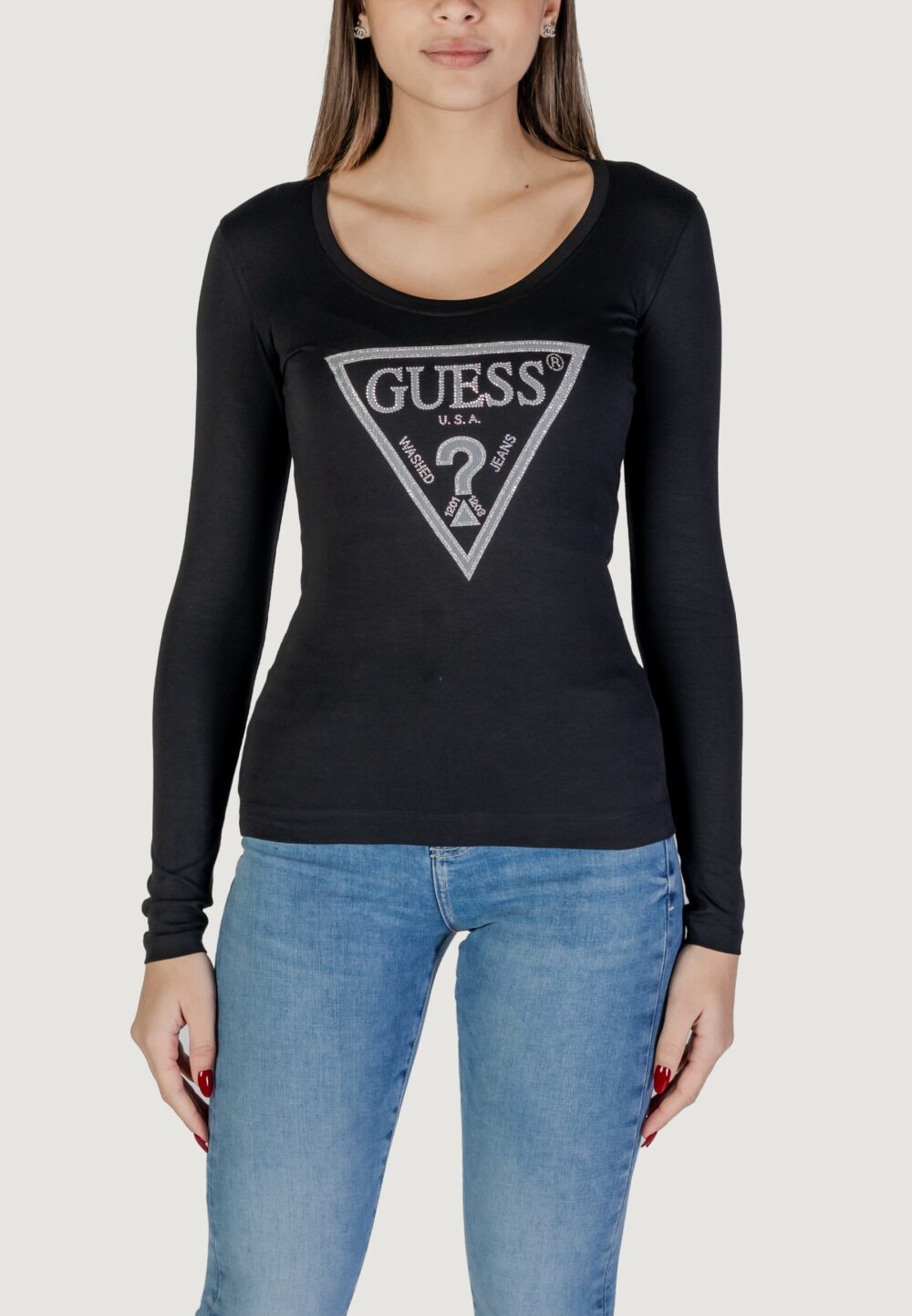 T-shirt Guess LS CN SHINY TRIANGLE Nero - Foto 5