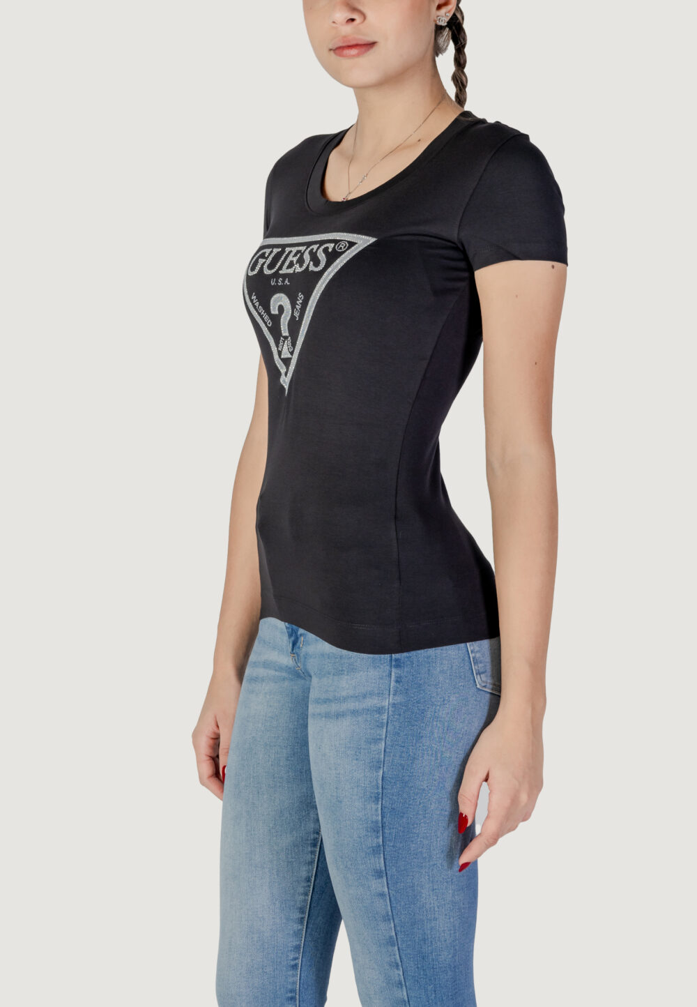 T-shirt Guess SS CN SHINY TRIANGLE Nero - Foto 2