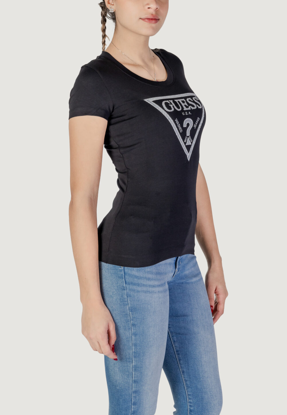 T-shirt Guess SS CN SHINY TRIANGLE Nero - Foto 3