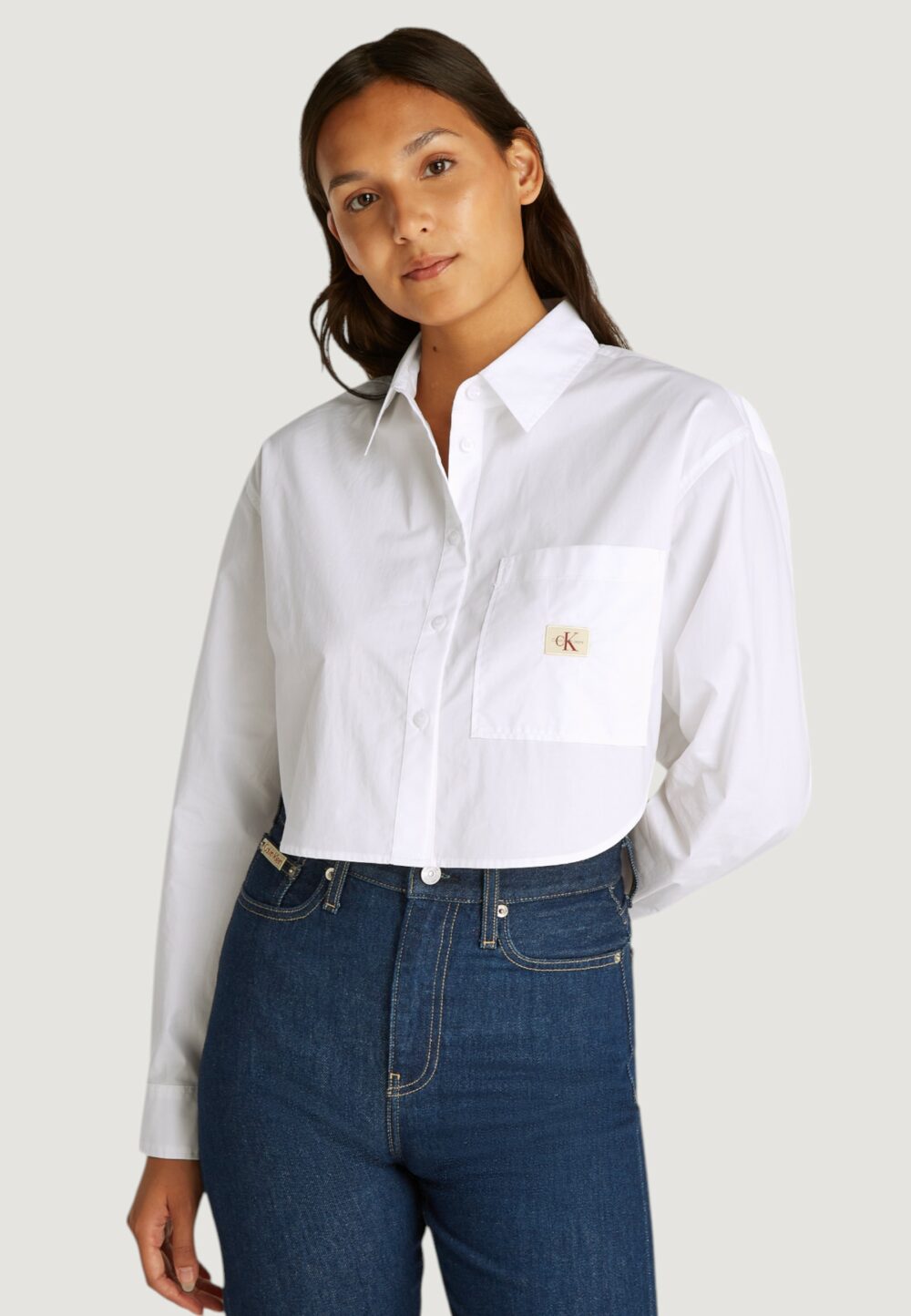 Camicia manica lunga Calvin Klein Jeans WOVEN LABEL CROPPED Bianco - Foto 1