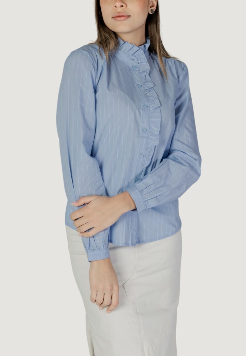 Camicia manica lunga Jacqueline de Yong JDYMIO L/S FRILL SHIRT WVN Blu Chiaro - Foto 1