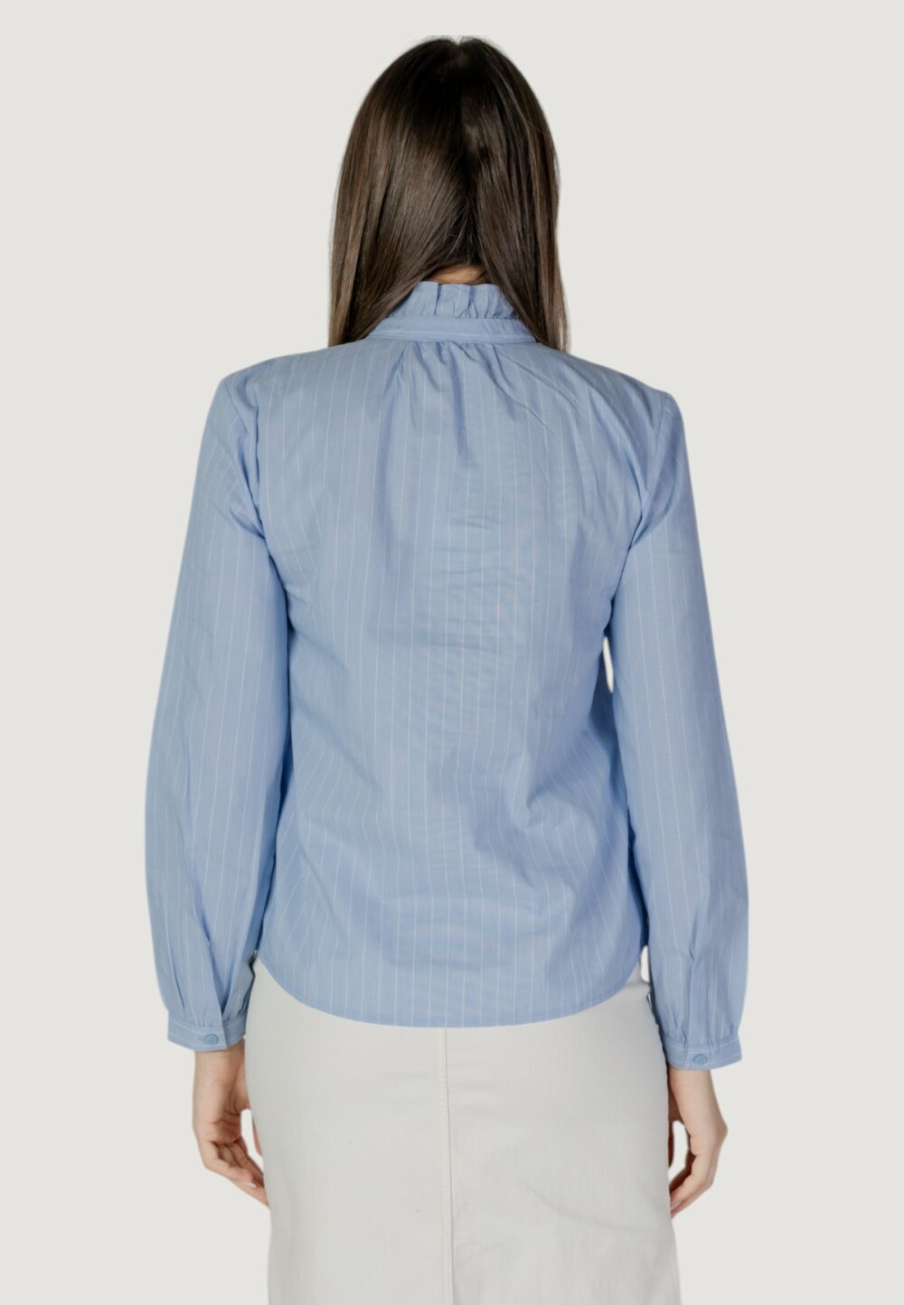 Camicia manica lunga Jacqueline de Yong JDYMIO L/S FRILL SHIRT WVN Blu Chiaro - Foto 4