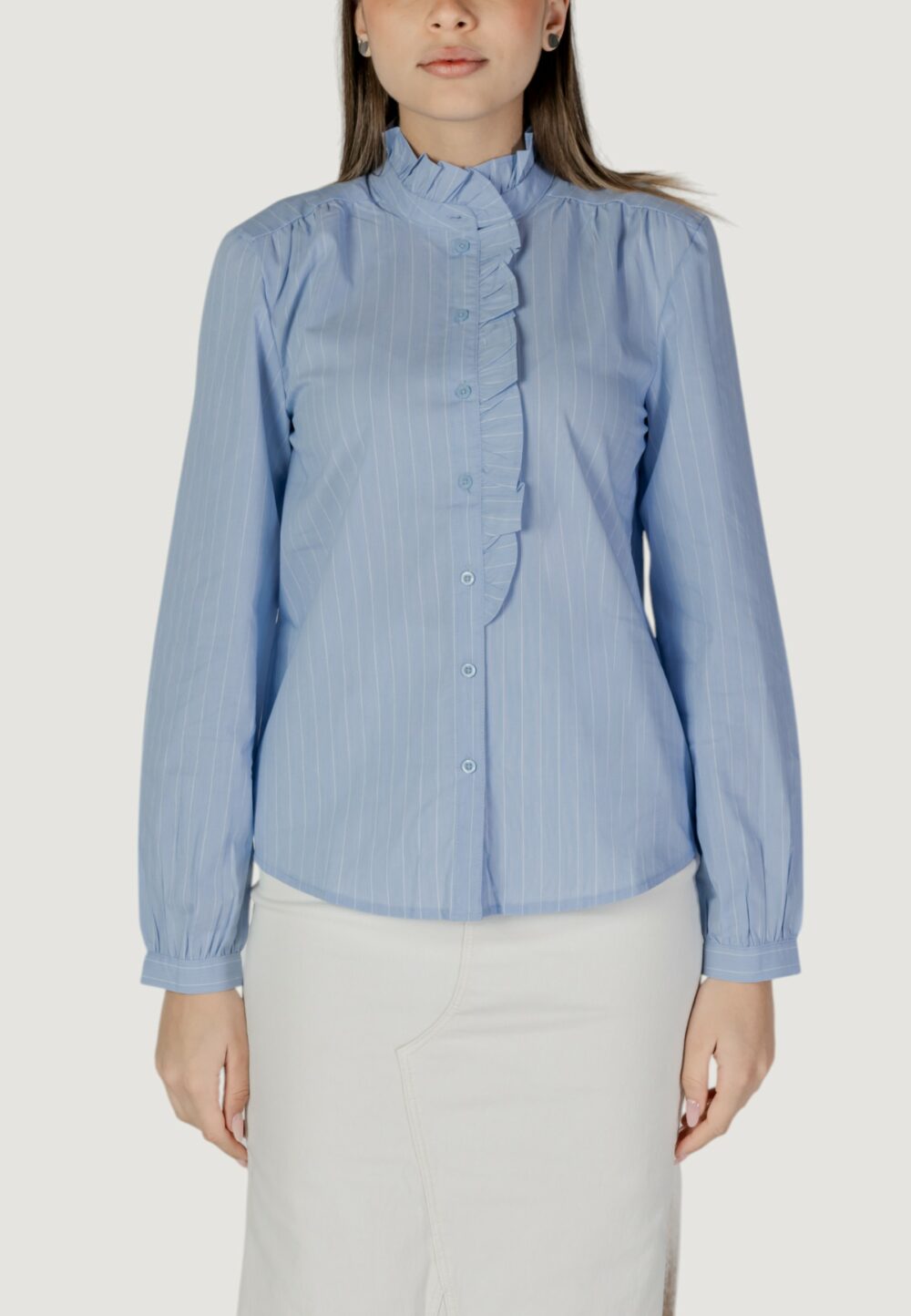 Camicia manica lunga Jacqueline de Yong JDYMIO L/S FRILL SHIRT WVN Blu Chiaro - Foto 5