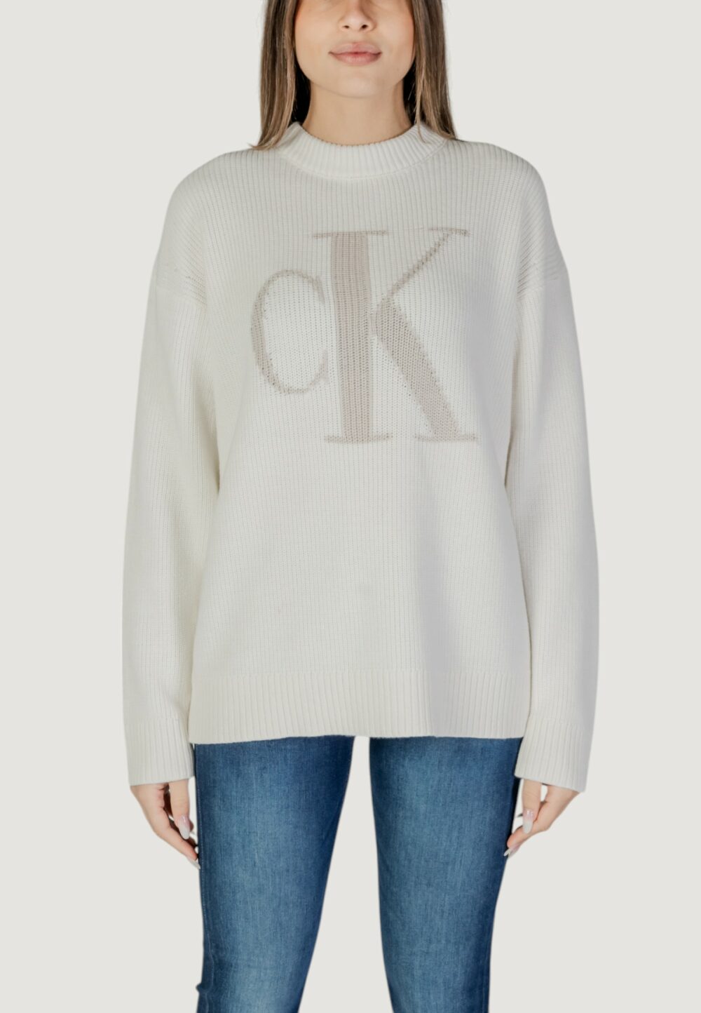 Maglione Calvin Klein Jeans CK INTARSIA HIGH NECK Panna - Foto 2