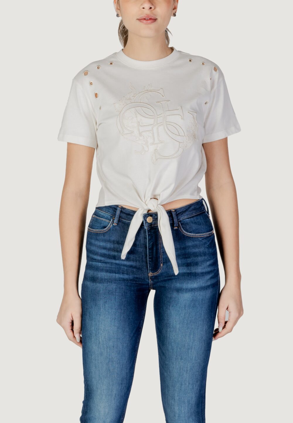 T-shirt Guess CN SS EYELET TONE ON Crema - Foto 1