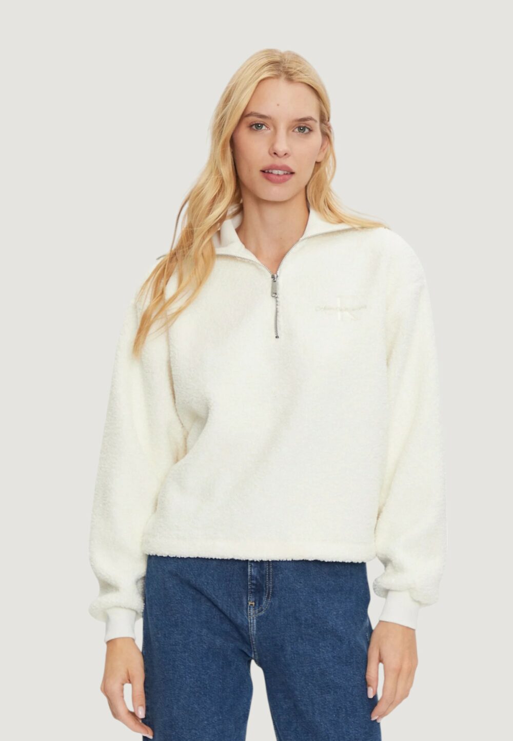 Felpa senza cappuccio Calvin Klein Jeans SHERPA HALF ZIP SWEA Panna - Foto 1