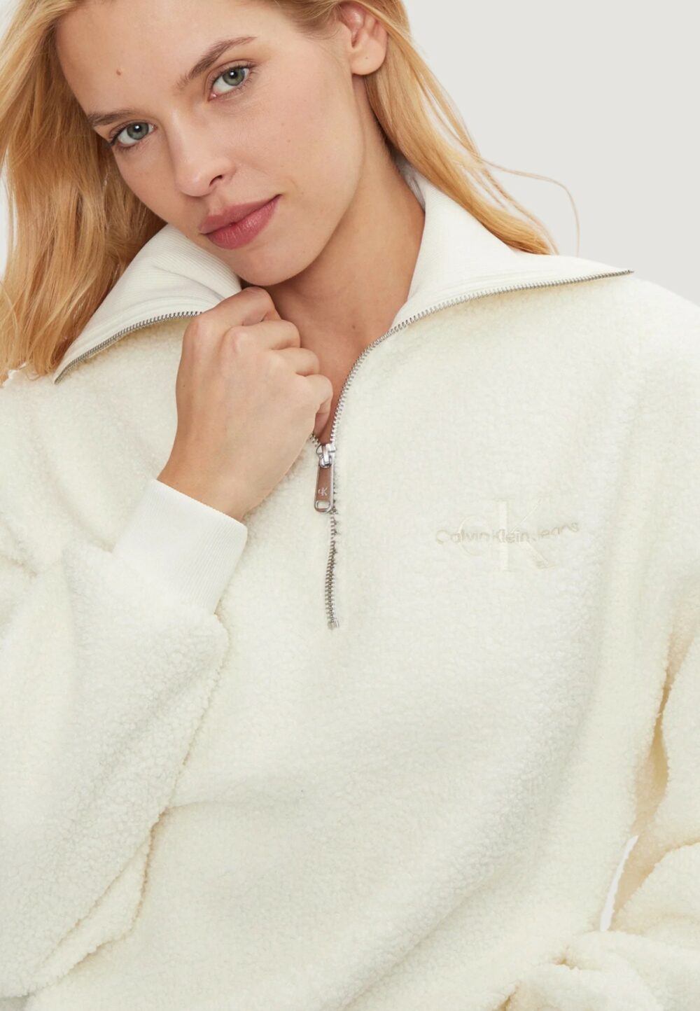 Felpa senza cappuccio Calvin Klein Jeans SHERPA HALF ZIP SWEA Panna - Foto 4