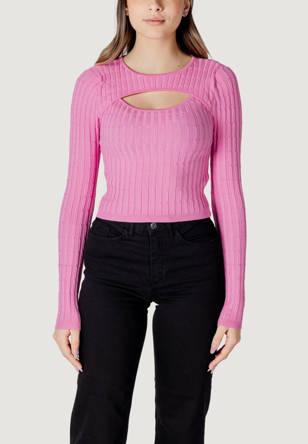 Maglia Only ONLMEDDI LS CABLE CROP O-NECK CC KNT Rosa - Foto 1