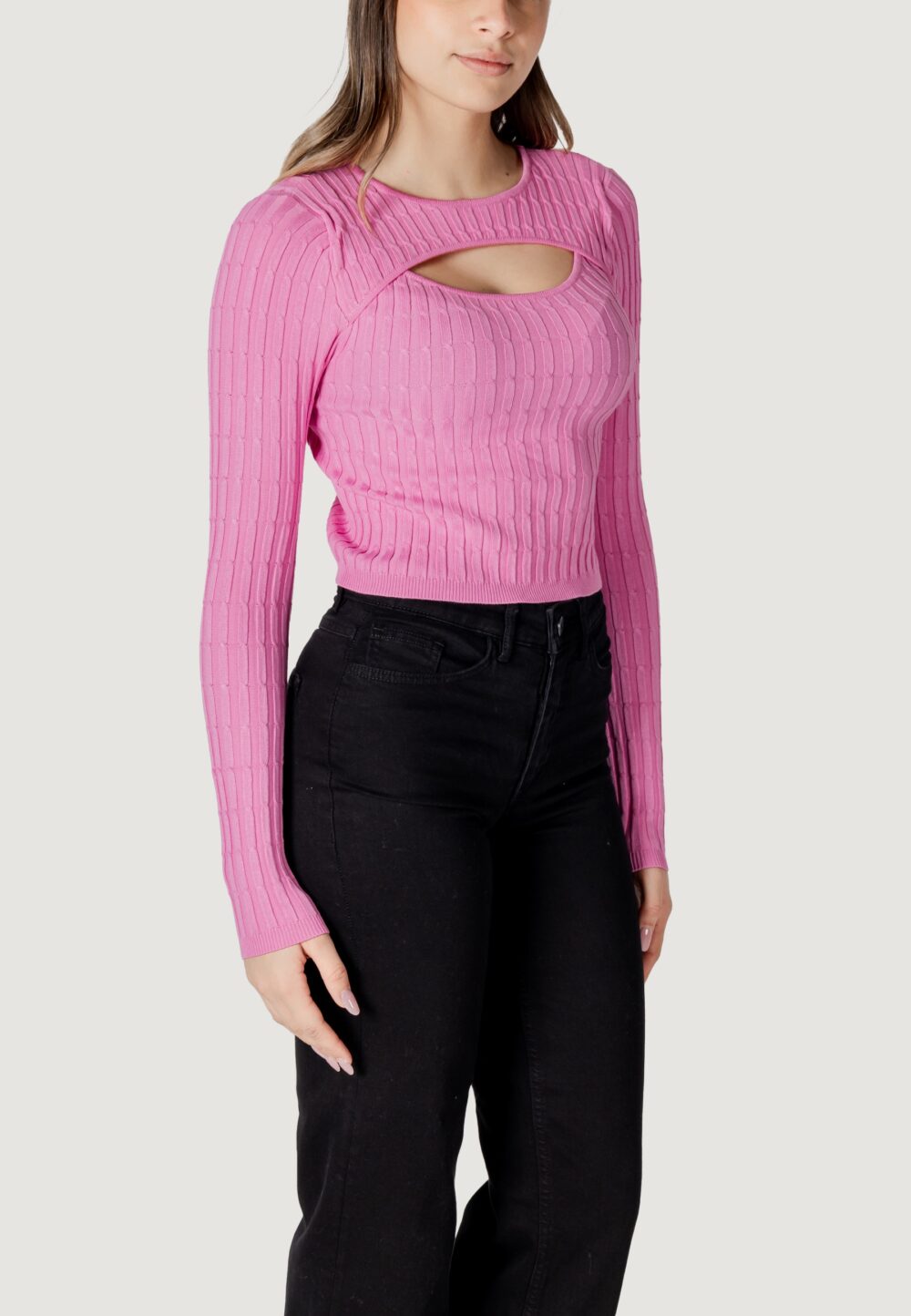 Maglia Only ONLMEDDI LS CABLE CROP O-NECK CC KNT Rosa - Foto 3