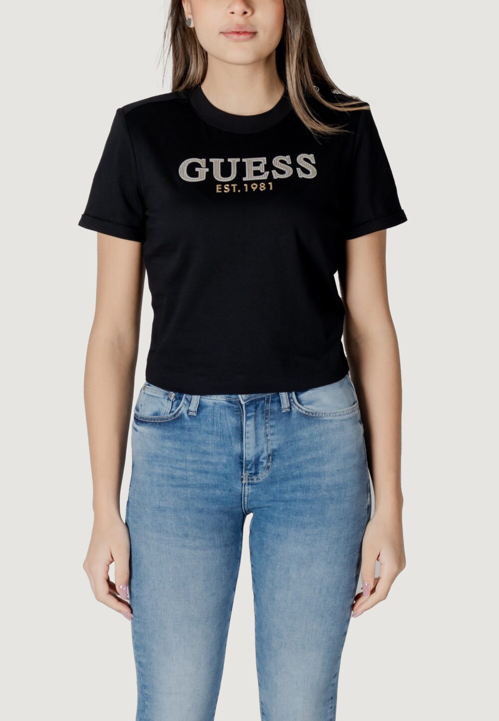 T-shirt Guess CN SS CROPPED WASHED Nero - Foto 1