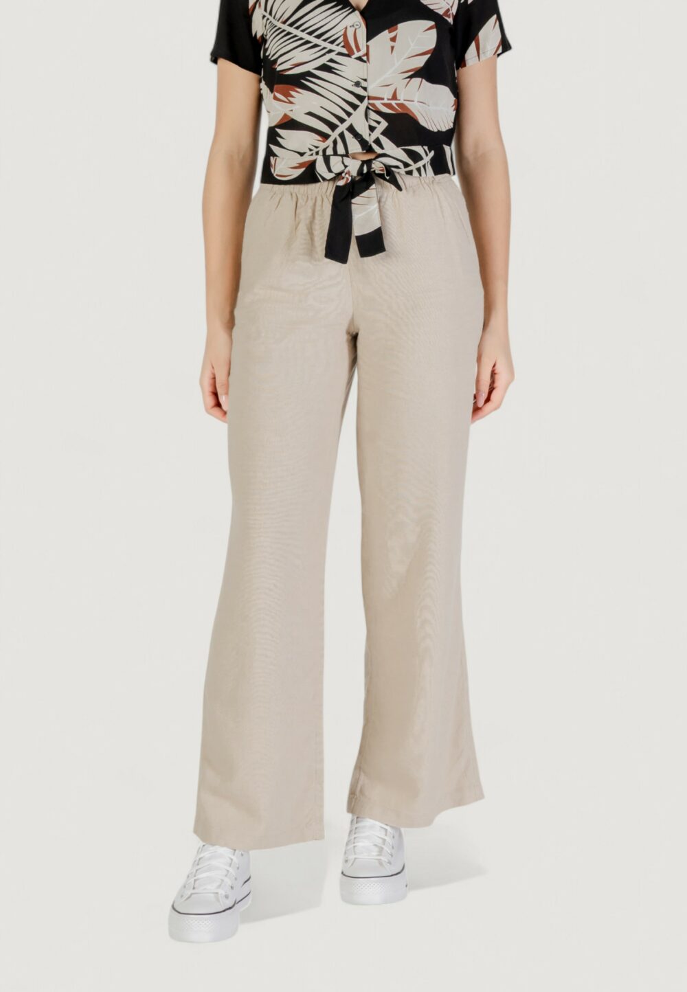 Pantaloni a palazzo Only Onlcaro Mw Linen Bl Pull-Up Beige - Foto 1
