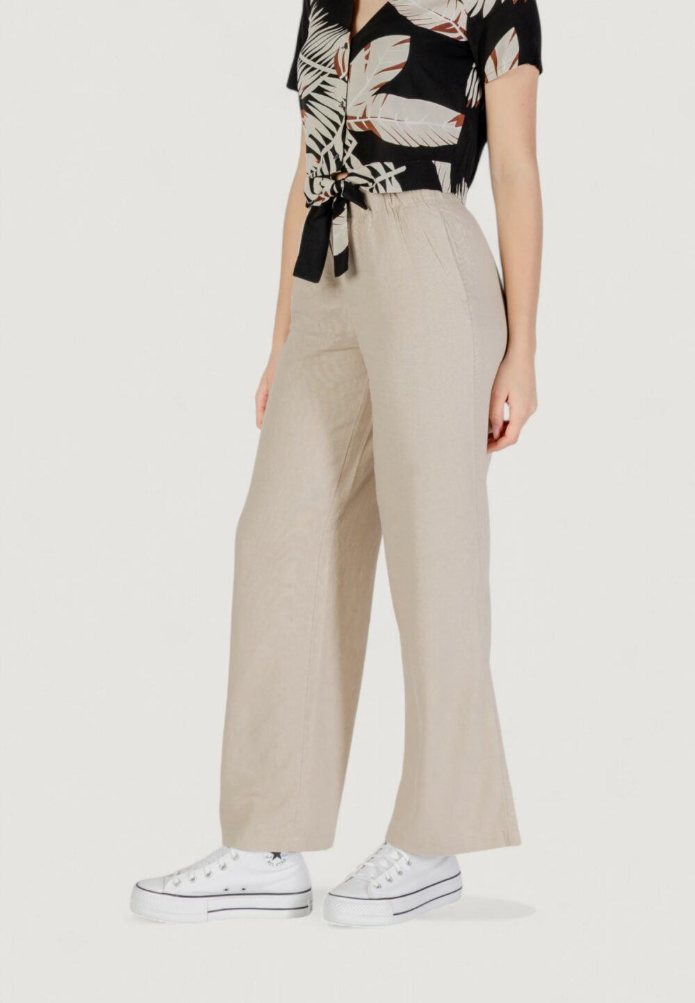 Pantaloni a palazzo Only Onlcaro Mw Linen Bl Pull-Up Beige - Foto 2